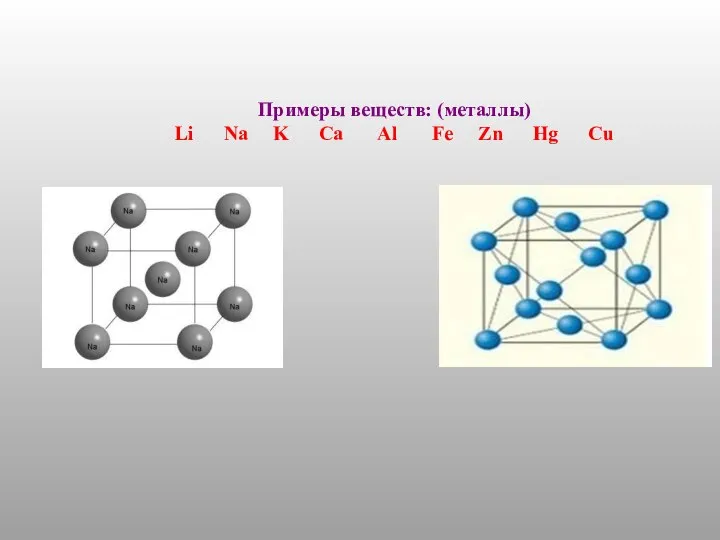 Примеры веществ: (металлы) Li Na K Ca Al Fe Zn Hg Cu