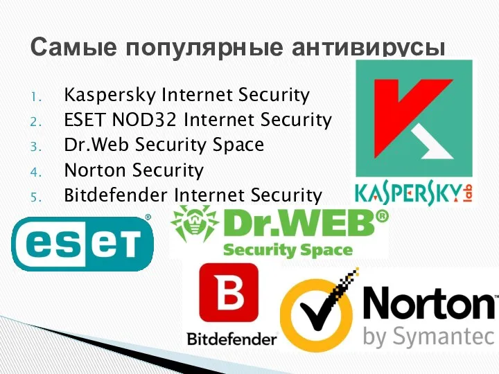 Kaspersky Internet Security ESET NOD32 Internet Security Dr.Web Security Space Norton Security