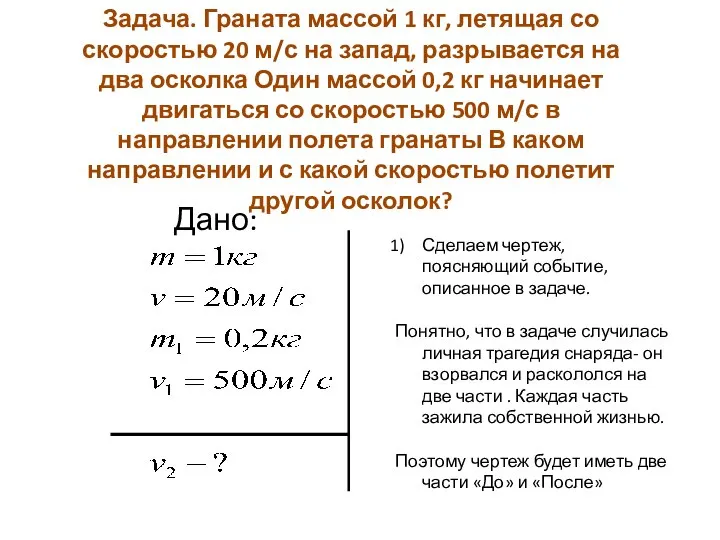 Задача. Граната массой 1 кг, летящая со скоростью 20 м/с на запад,