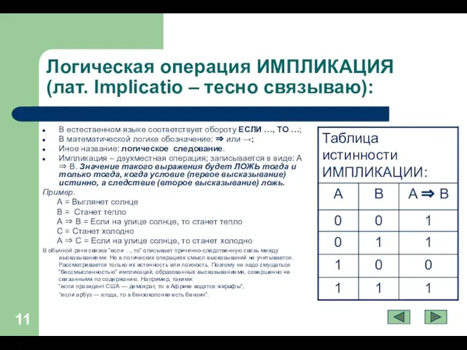Логическая операция ИМПЛИКАЦИЯ (лат. Implicatio – тесно связываю): В естественном языке соответствует