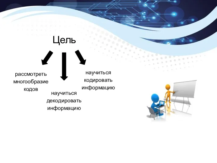 научиться декодировать информацию Цель научиться кодировать информацию рассмотреть многообразие кодов