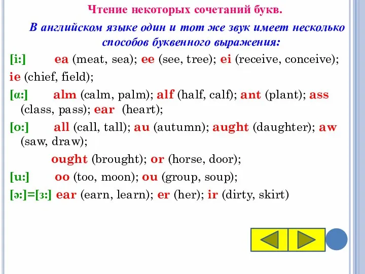 Чтение некоторых сочетаний букв. В английском языке один и тот же звук