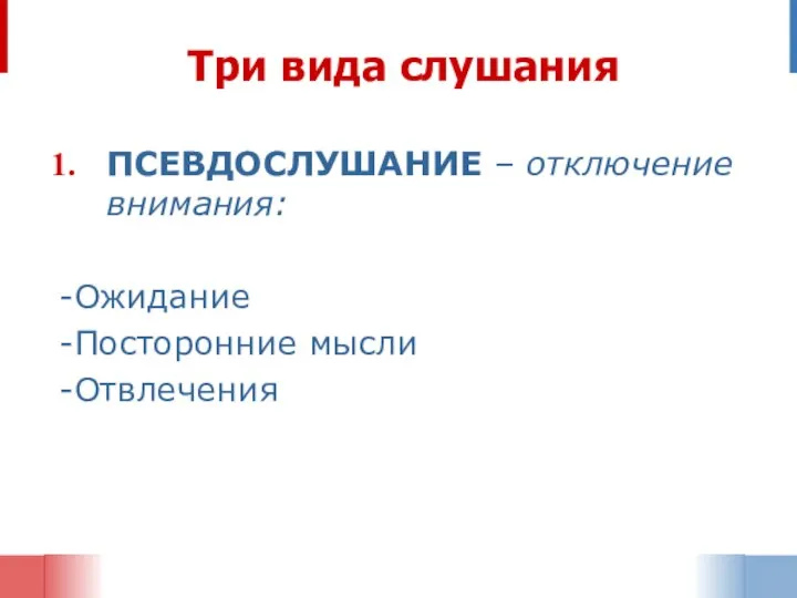 Три вида слушания ПСЕВДОСЛУШАНИЕ – отключение внимания: -Ожидание -Посторонние мысли -Отвлечения