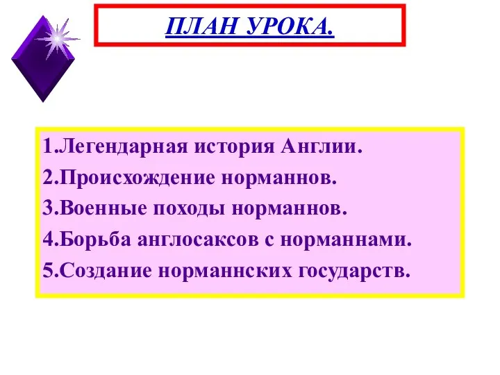 1.Легендарная история Англии. 2.Происхождение норманнов. 3.Военные походы норманнов. 4.Борьба англосаксов с норманнами.