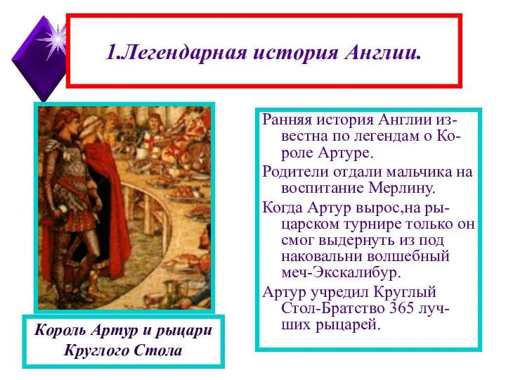 1.Легендарная история Англии. Ранняя история Англии из-вестна по легендам о Ко-роле Артуре.