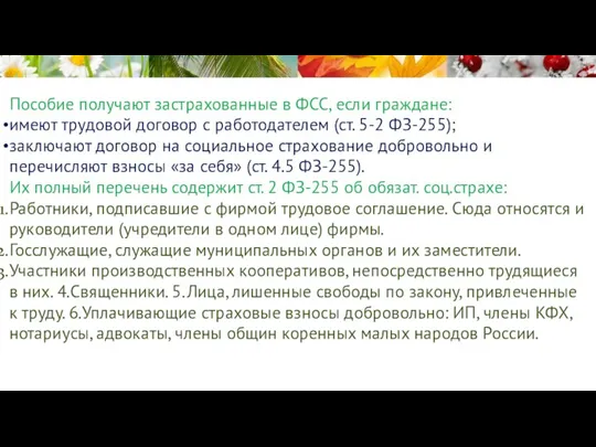 Пособие получают застрахованные в ФСС, если граждане: имеют трудовой договор с работодателем