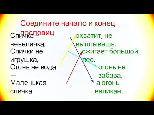 Спичка – невеличка, а огонь великан. Соедините начало и конец пословиц Спички