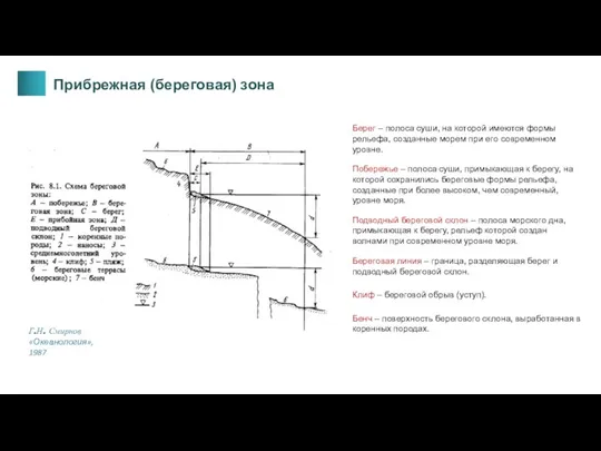 Прибрежная (береговая) зона Г.Н. Смирнов «Океанология», 1987 Берег – полоса суши, на