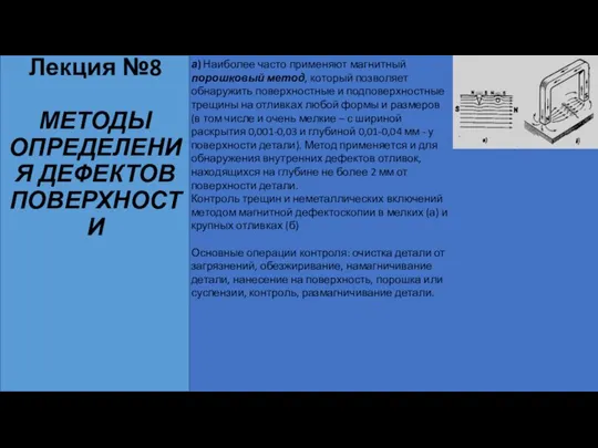 Лекция №8 МЕТОДЫ ОПРЕДЕЛЕНИЯ ДЕФЕКТОВ ПОВЕРХНОСТИ а) Наиболее часто применяют магнитный порошковый