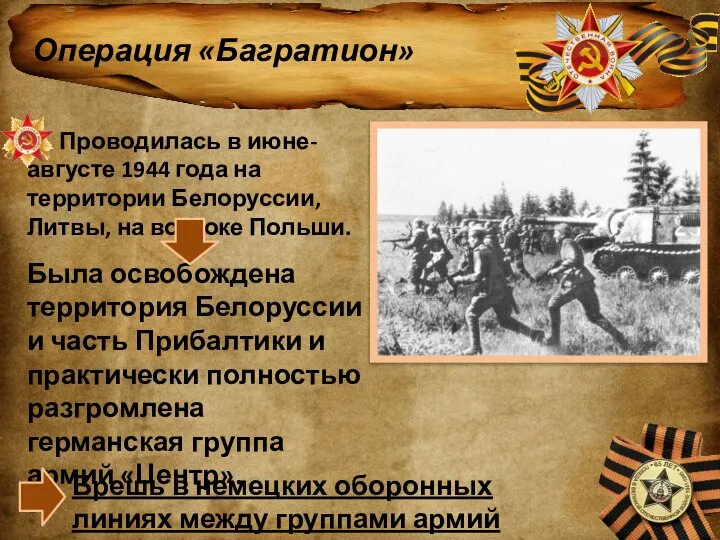 Операция «Багратион» Проводилась в июне-августе 1944 года на территории Белоруссии, Литвы, на