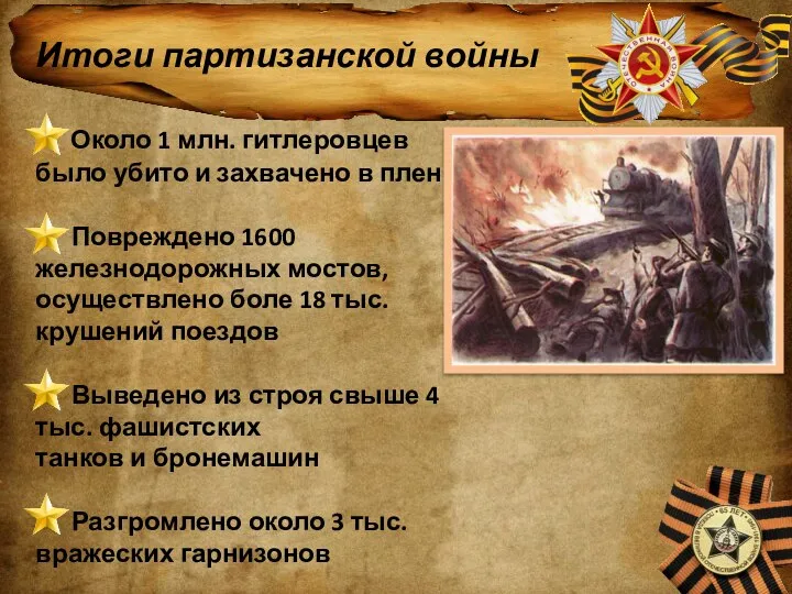 Итоги партизанской войны Около 1 млн. гитлеровцев было убито и захвачено в