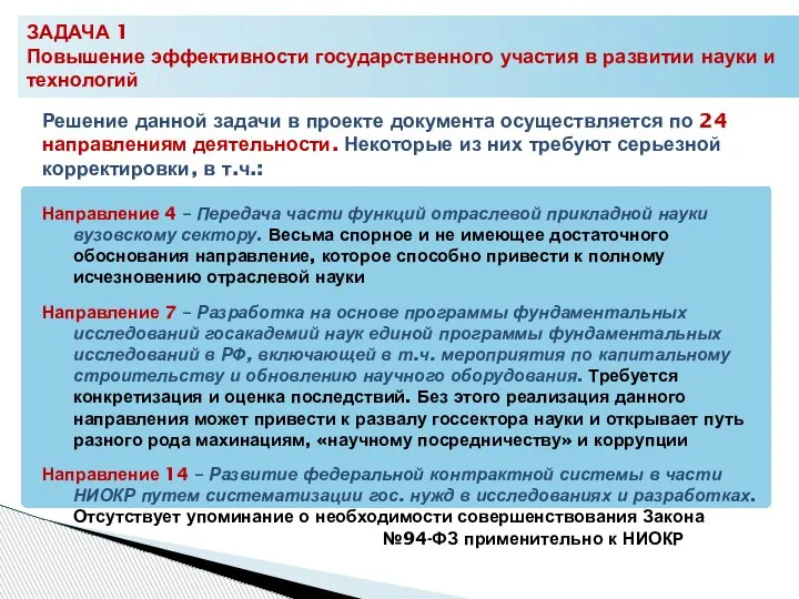 ЗАДАЧА 1 Повышение эффективности государственного участия в развитии науки и технологий Решение