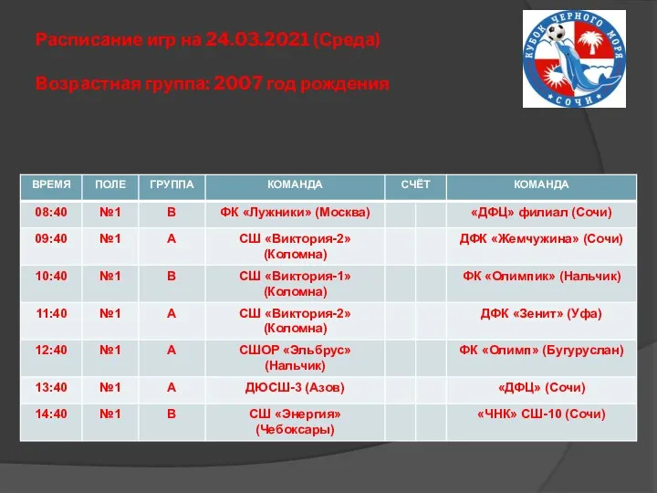 Расписание игр на 24.03.2021 (Среда) Возрастная группа: 2007 год рождения