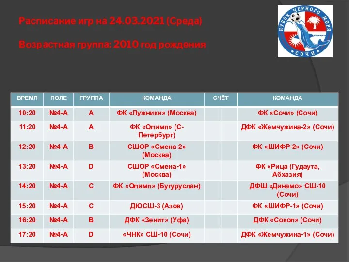 Расписание игр на 24.03.2021 (Среда) Возрастная группа: 2010 год рождения