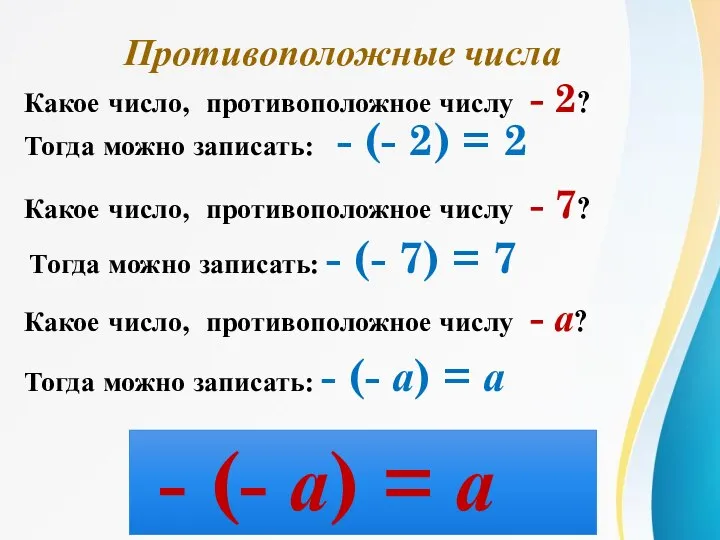 Тогда можно записать: - (- 2) = 2 Какое число, противоположное числу