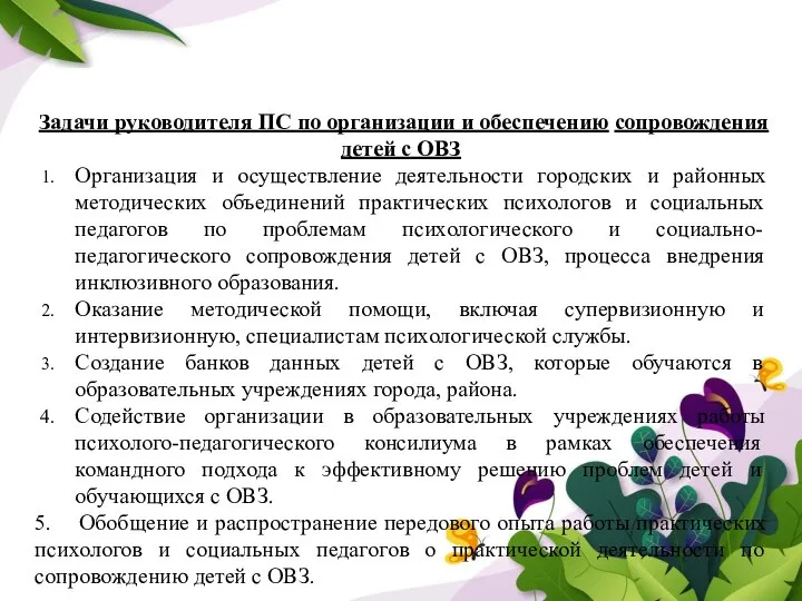 Задачи руководителя ПС по организации и обеспечению сопровождения детей с ОВЗ Организация