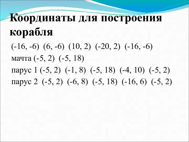 Координаты для построения корабля (-16, -6) (6, -6) (10, 2) (-20, 2)
