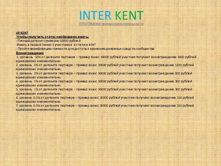 INTER KENT ПРОГРАММА финансовой лояльности UP KENT Чтобы получить статус необходимо иметь: