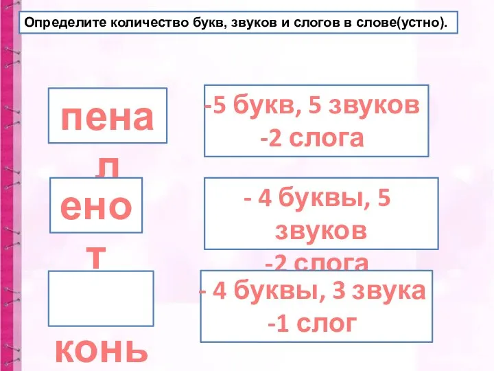 пенал 5 букв, 5 звуков 2 слога енот 4 буквы, 5 звуков