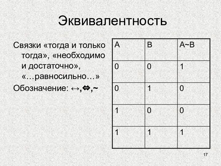 Эквивалентность Связки «тогда и только тогда», «необходимо и достаточно», «…равносильно…» Обозначение: ↔,⇔,~