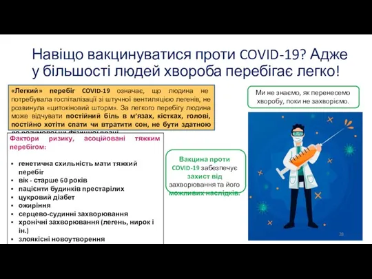 Навіщо вакцинуватися проти COVID-19? Адже у більшості людей хвороба перебігає легко! Ми