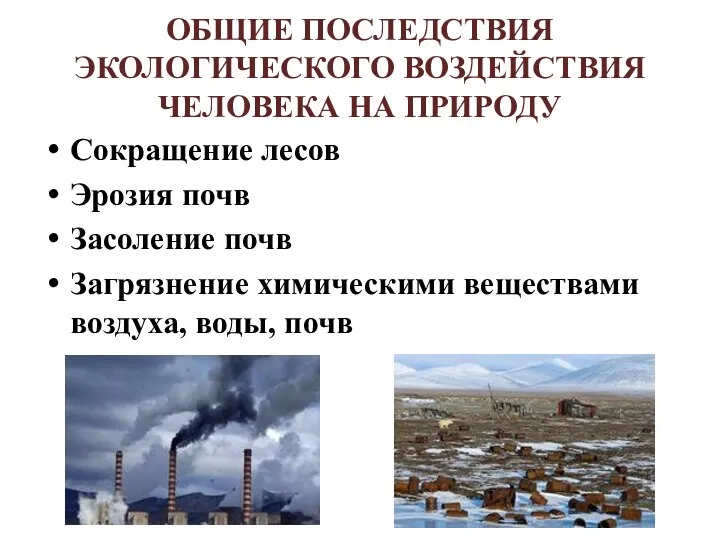 ОБЩИЕ ПОСЛЕДСТВИЯ ЭКОЛОГИЧЕСКОГО ВОЗДЕЙСТВИЯ ЧЕЛОВЕКА НА ПРИРОДУ Сокращение лесов Эрозия почв Засоление