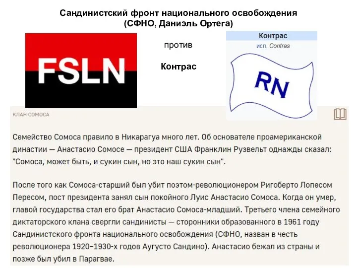 Сандинистский фронт национального освобождения (СФНО, Даниэль Ортега) против Контрас
