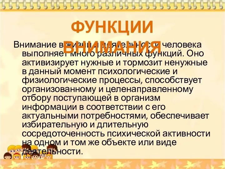 Внимание в жизни и деятельности человека выполняет много различных функций. Оно активизирует