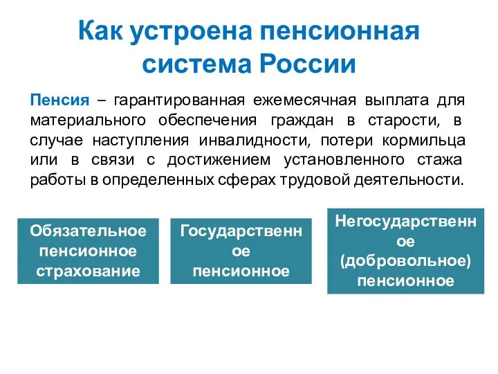 Как устроена пенсионная система России Пенсия – гарантированная ежемесячная выплата для материального