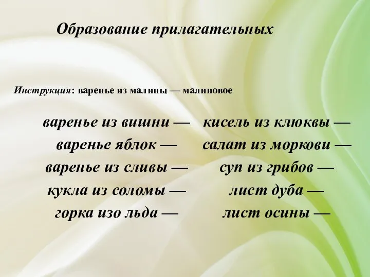 Образование прилагательных Инструкция: варенье из малины — малиновое