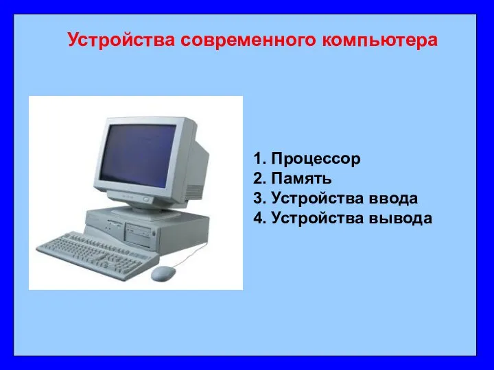 Устройства современного компьютера 1. Процессор 2. Память 3. Устройства ввода 4. Устройства вывода