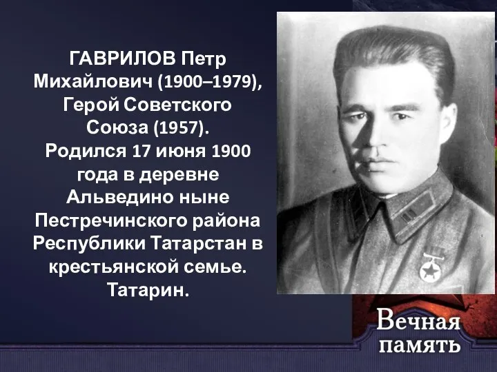 ГАВРИЛОВ Петр Михайлович (1900–1979), Герой Советского Союза (1957). Родился 17 июня 1900