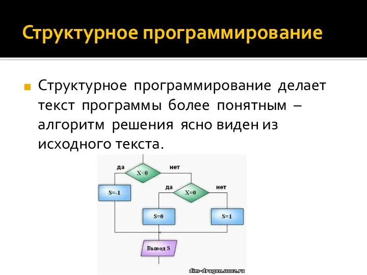 Структурное программирование Структурное программирование делает текст программы более понятным – алгоритм решения