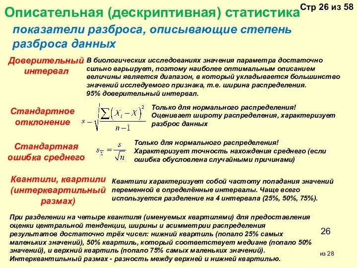 Описательная (дескриптивная) статистика показатели разброса, описывающие степень разброса данных Стандартное отклонение Квантили