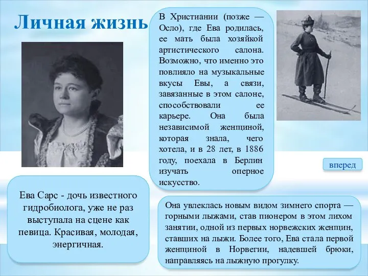 Личная жизнь Ева Сарс - дочь известного гидробиолога, уже не раз выступала