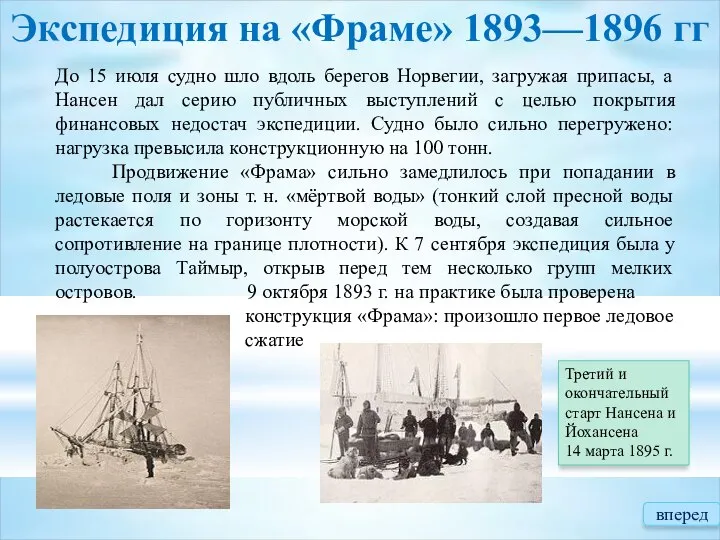 Экспедиция на «Фраме» 1893—1896 гг До 15 июля судно шло вдоль берегов