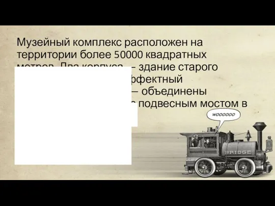 Музейный комплекс расположен на территории более 50000 квадратных метров. Два корпуса —