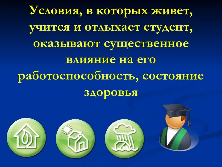 Условия, в которых живет, учится и отдыхает студент, оказывают существенное влияние на его работоспособность, состояние здоровья