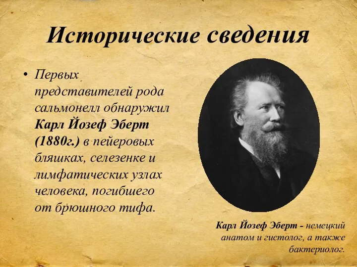 Исторические сведения Первых представителей рода сальмонелл обнаружил Карл Йозеф Эберт (1880г.) в