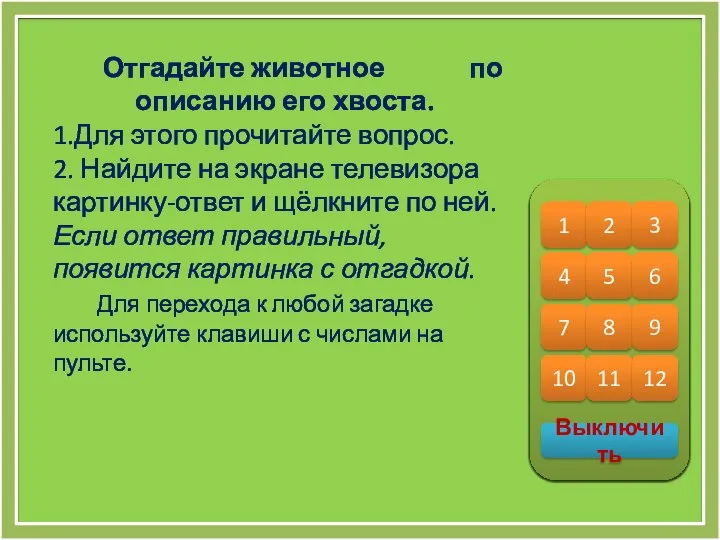 Отгадайте животное по описанию его хвоста. 1.Для этого прочитайте вопрос. 2. Найдите