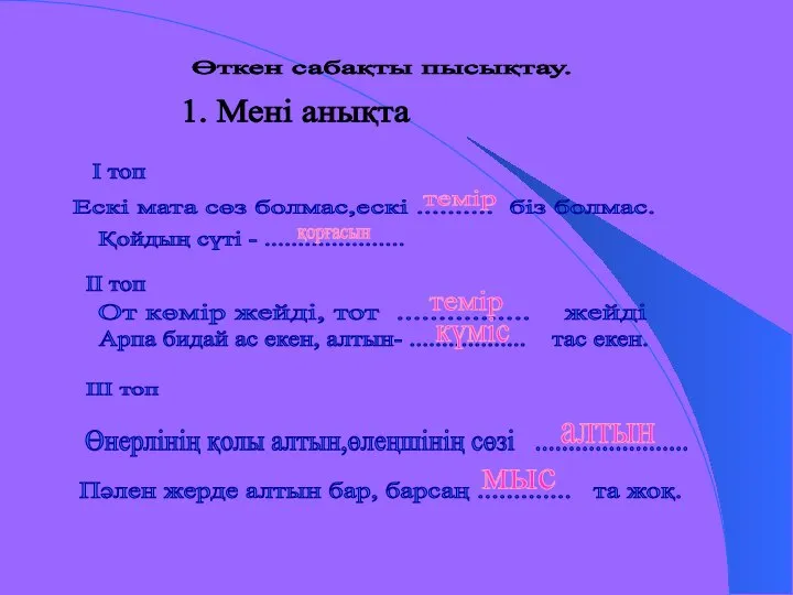 Өткен сабақты пысықтау. 1. Мені анықта І топ ІІ топ ІІІ топ