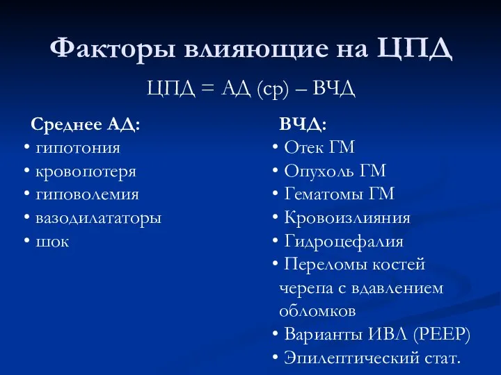 Факторы влияющие на ЦПД ЦПД = АД (ср) – ВЧД Среднее АД: