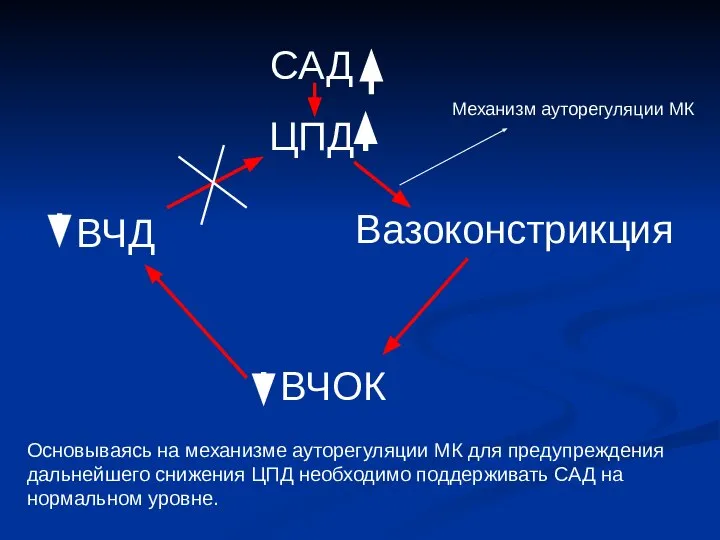 САД ЦПД Вазоконстрикция ВЧОК ВЧД Основываясь на механизме ауторегуляции МК для предупреждения