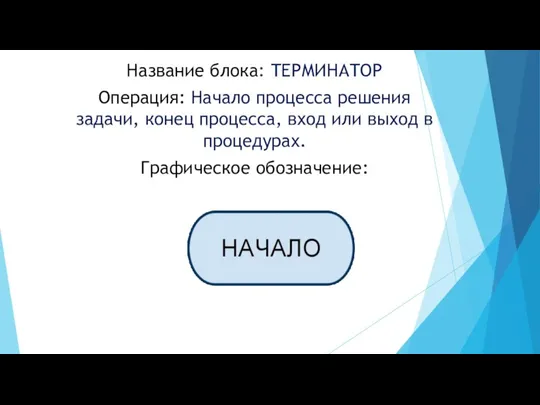 Название блока: ТЕРМИНАТОР Операция: Начало процесса решения задачи, конец процесса, вход или