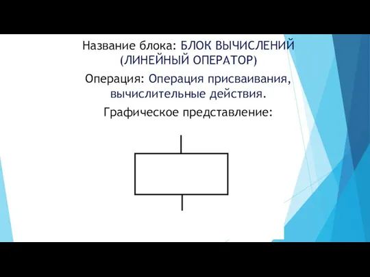 Название блока: БЛОК ВЫЧИСЛЕНИЙ (ЛИНЕЙНЫЙ ОПЕРАТОР) Операция: Операция присваивания, вычислительные действия. Графическое представление: