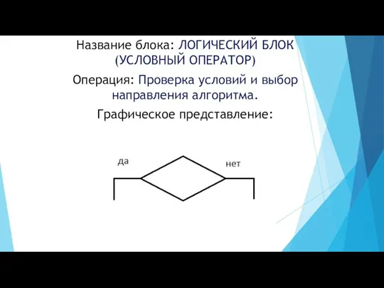 Название блока: ЛОГИЧЕСКИЙ БЛОК (УСЛОВНЫЙ ОПЕРАТОР) Операция: Проверка условий и выбор направления алгоритма. Графическое представление: