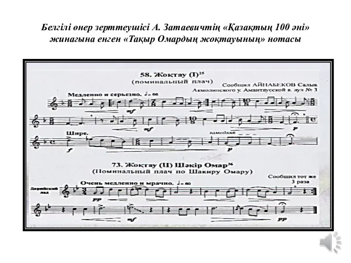 Белгілі өнер зерттеушісі А. Затаевичтің «Қазақтың 100 әні» жинағына енген «Тақыр Омардың жоқтауының» нотасы