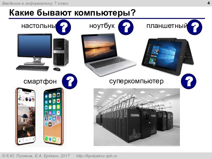 Какие бывают компьютеры? настольный ноутбук планшетный смартфон суперкомпьютер ? ? ? ? ?