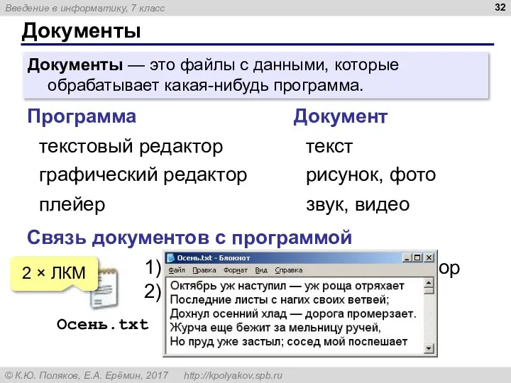 Документы Документы — это файлы с данными, которые обрабатывает какая-нибудь программа. Программа