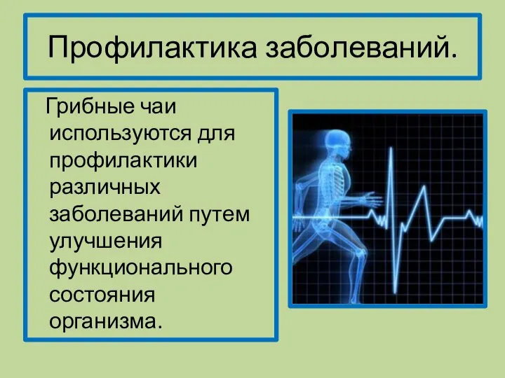 Профилактика заболеваний. Грибные чаи используются для профилактики различных заболеваний путем улучшения функционального состояния организма.